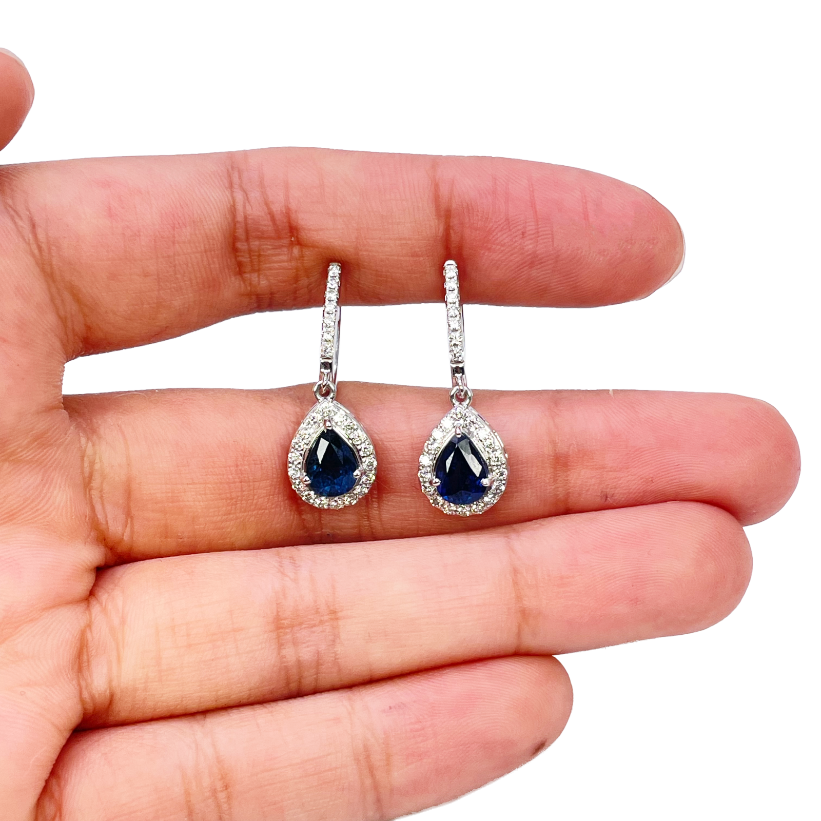 18ct White Gold Diamond & Blue Sapphire Pear Halo Teardrop Hoop Earrings 1.89ct Raina Jewels