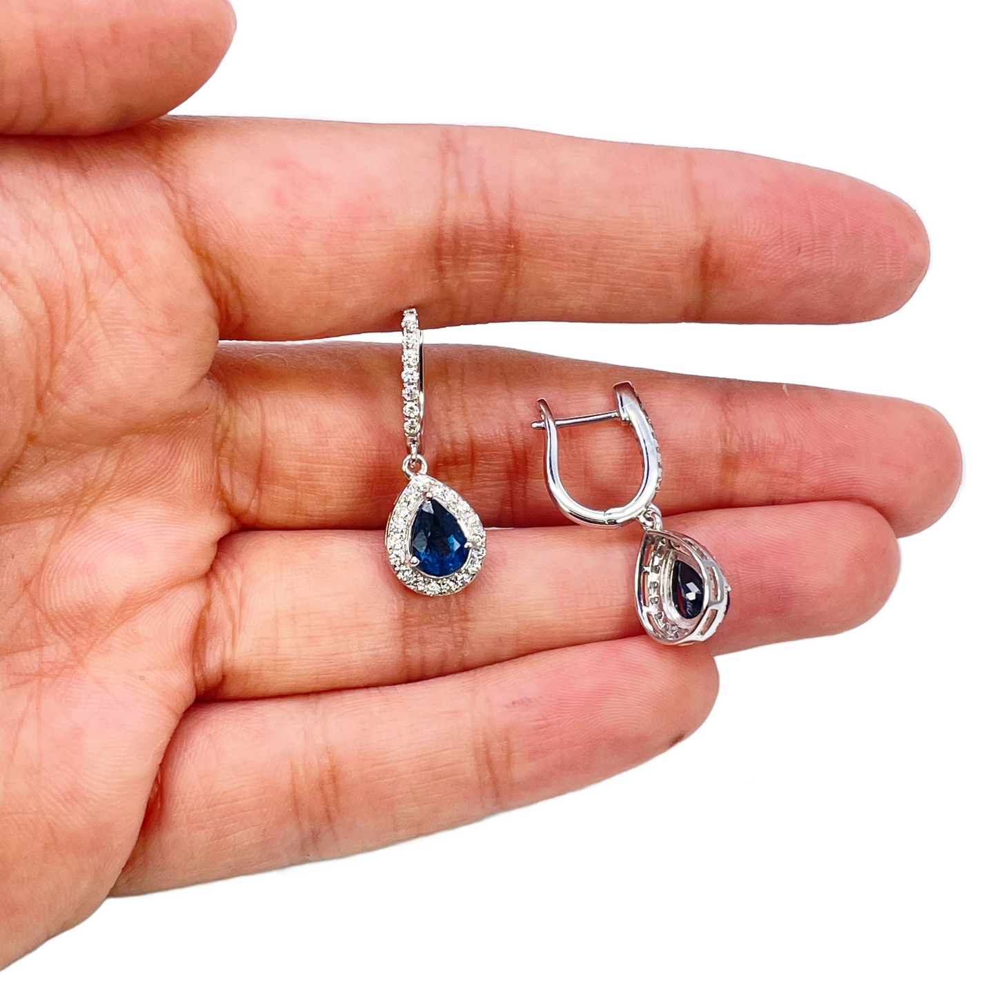 18ct White Gold Diamond & Blue Sapphire Pear Halo Teardrop Hoop Earrings 1.89ct Raina Jewels