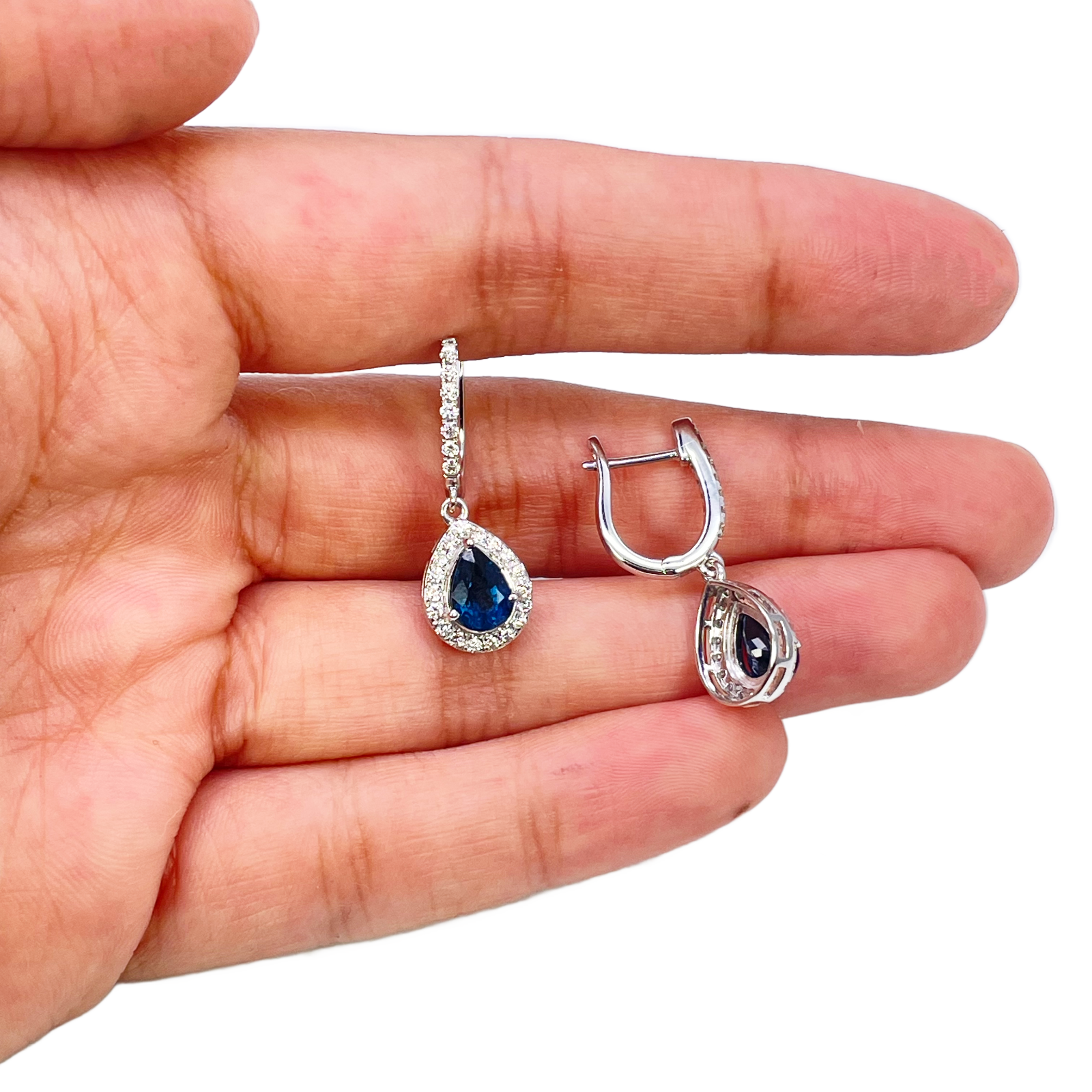 18ct White Gold Diamond & Blue Sapphire Pear Halo Teardrop Hoop Earrings 1.89ct Raina Jewels