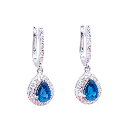 18ct White Gold Diamond & Blue Sapphire Pear Halo Teardrop Hoop Earrings 1.89ct Raina Jewels