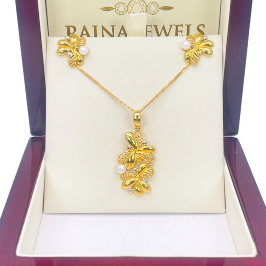 22ct Yellow Gold Fancy Leaf Design Pendant, Earrings & Chain Necklace Set, 9.6gm