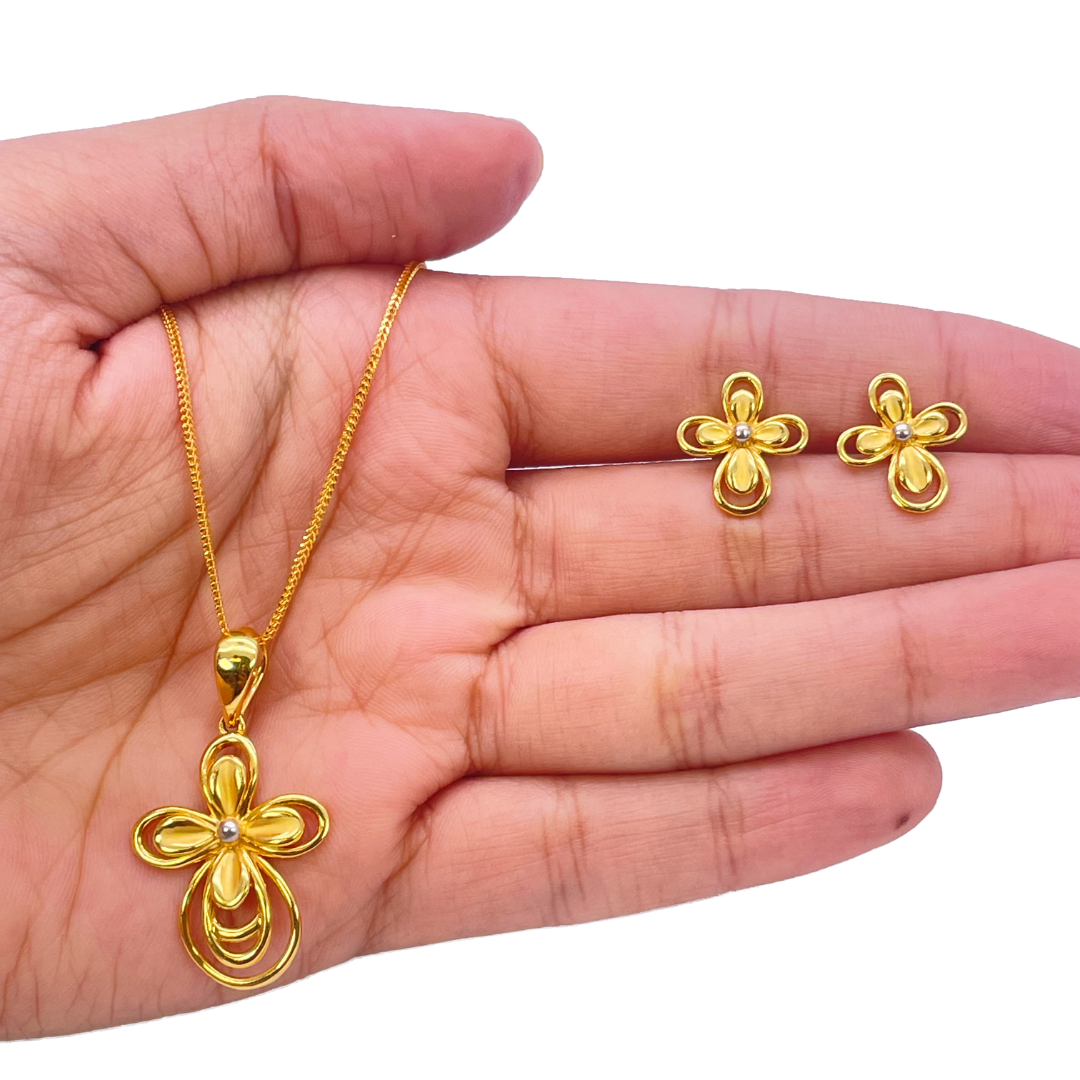 22ct Yellow Gold 2 Tone Floral Design Earrings, Pendant & Chain Necklace 18''inches