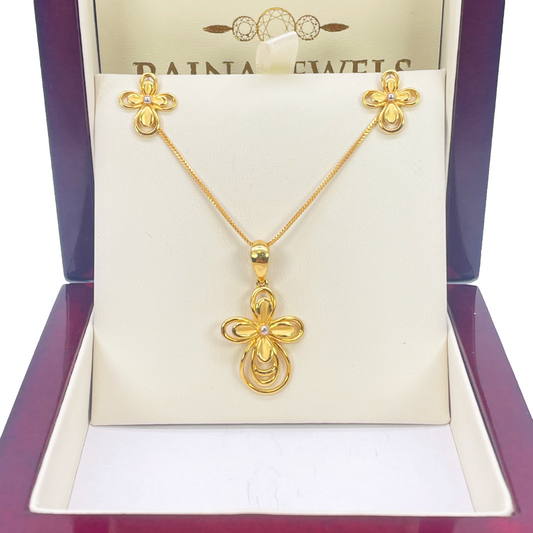 22ct Yellow Gold 2 Tone Floral Design Earrings, Pendant & Chain Necklace 18''inches