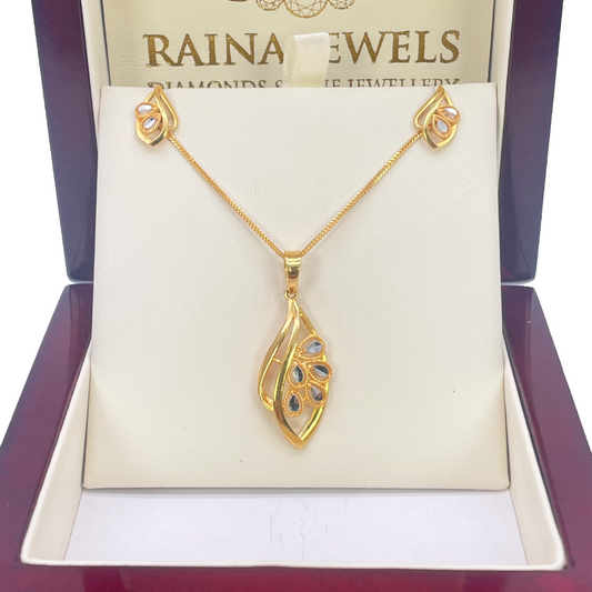 22ct Yellow Gold Diamond Cut Leaf Design 2 Tone Pendant, Earrings & Chain Necklace