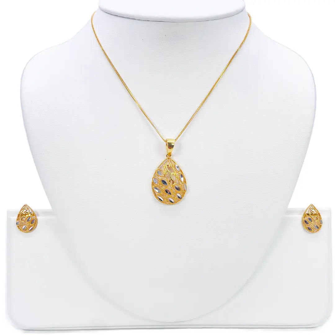 22ct Yellow Gold Diamond Cut Design 2 Tone Earrings, Pendant & Chain Necklace 