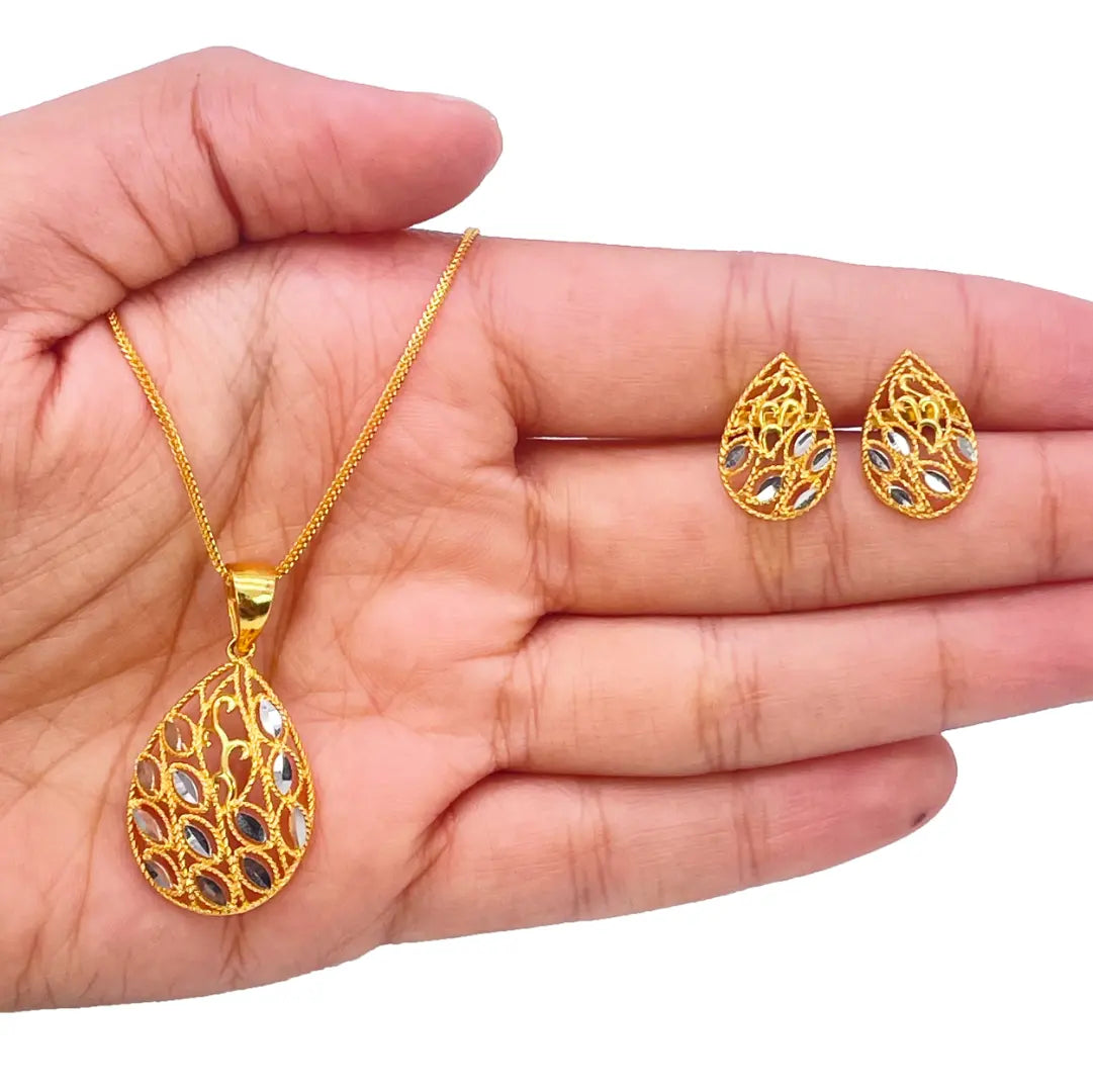 22ct Yellow Gold Diamond Cut Design 2 Tone Earrings, Pendant & Chain Necklace 