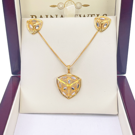 22ct Yellow Gold Diamond Cut Design Two Tone Earrings, Pendant & Chain Necklace