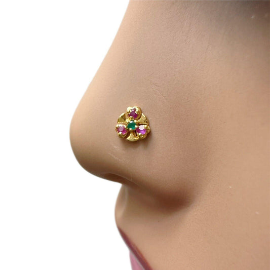 22ct Yellow Gold Three Stone Ruby & Emerald Nose Stud/Nose Pin/Nose Piercings