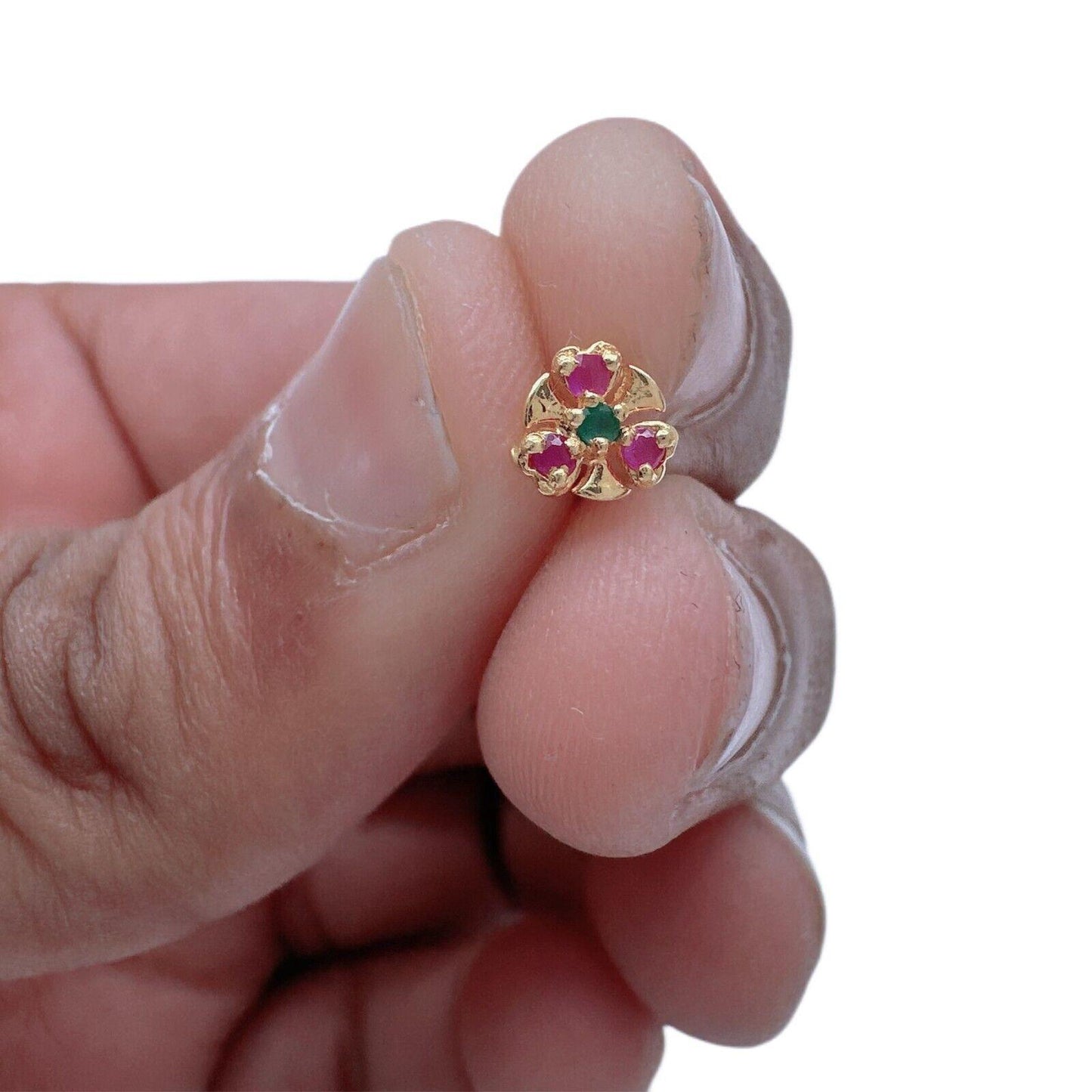 22ct Yellow Gold Three Stone Ruby & Emerald Nose Stud/Nose Pin/Nose Piercings