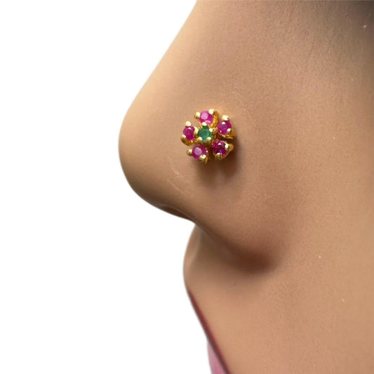 22ct Yellow Gold Five Stone Ruby & Emerald Nose Stud/Nose Pin/Nose Piercings