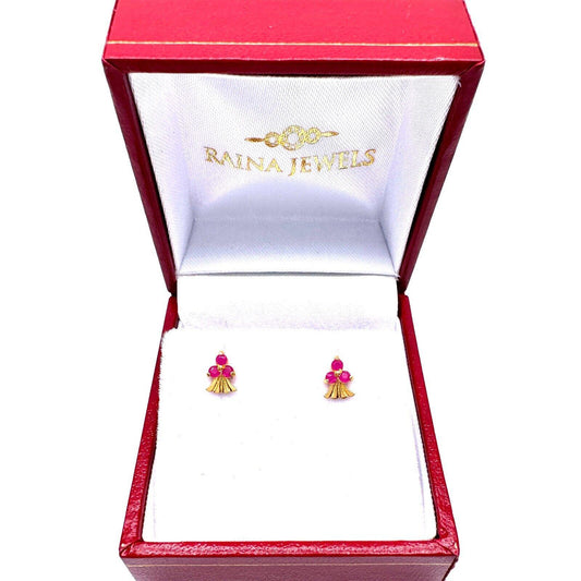 22ct Yellow Gold 3 Stone Natural Ruby Tiny Children's Stud Earrings