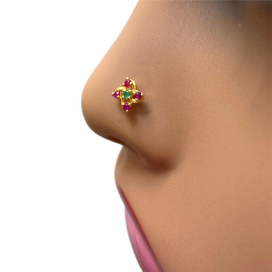 22ct Yellow Gold Natural Ruby & Emerald Nose Stud/Nose Pin/Nose Piercings