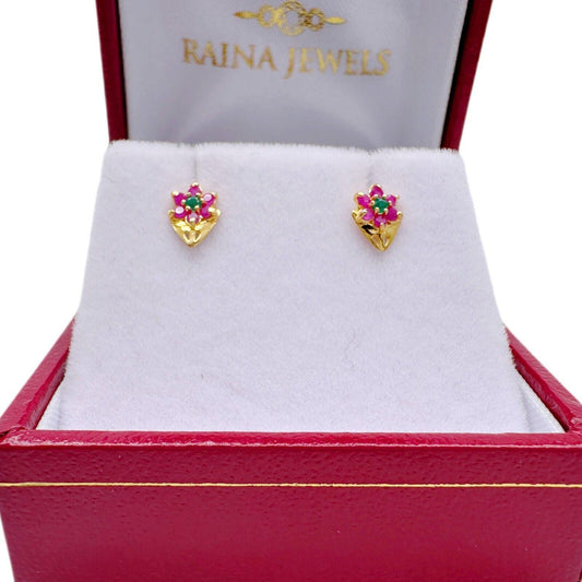 22ct Yellow Gold Children's Natural Ruby & Emerald Floral Stud Earrings