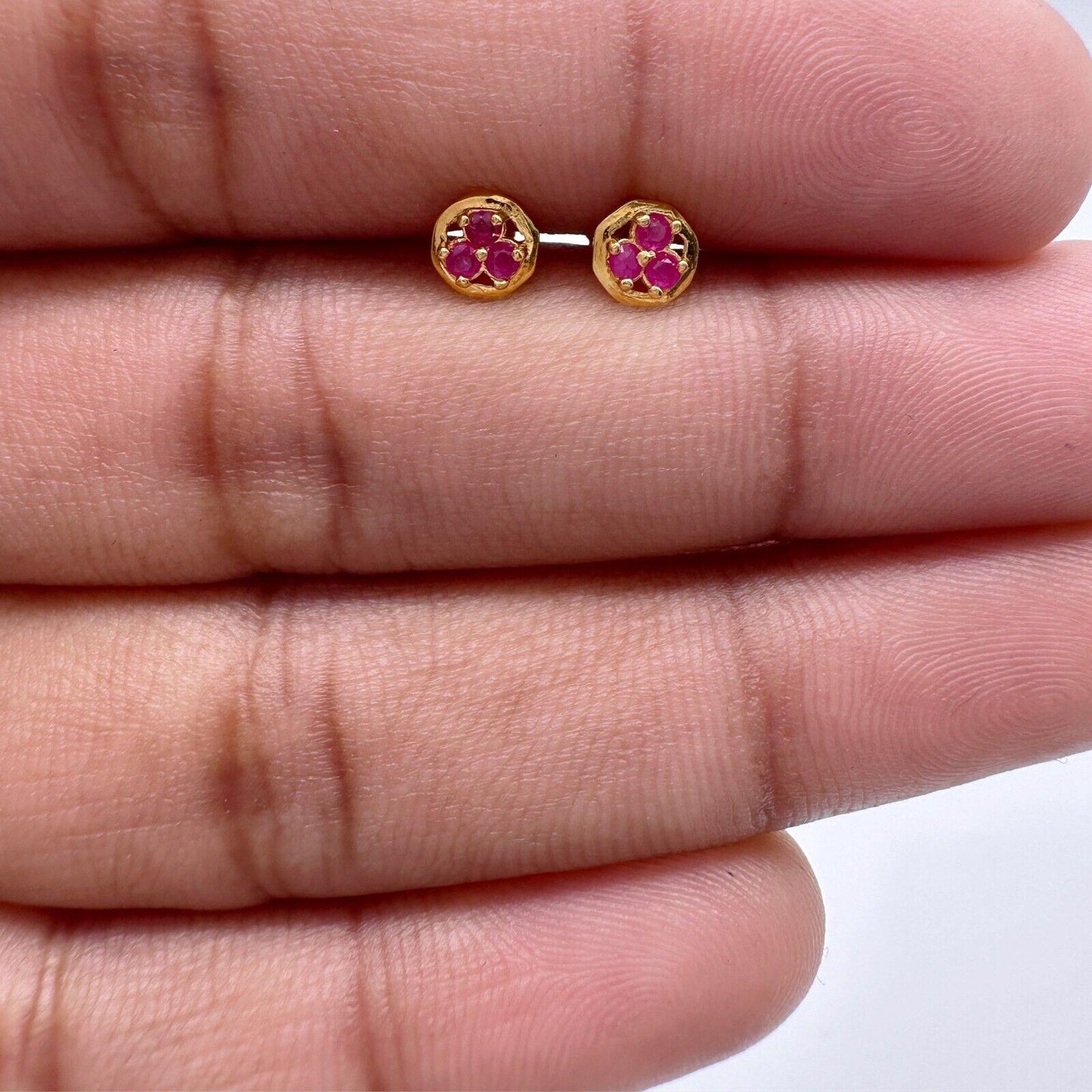 22ct Yellow Gold Three Stone Natural Ruby Tiny Stud Earrings