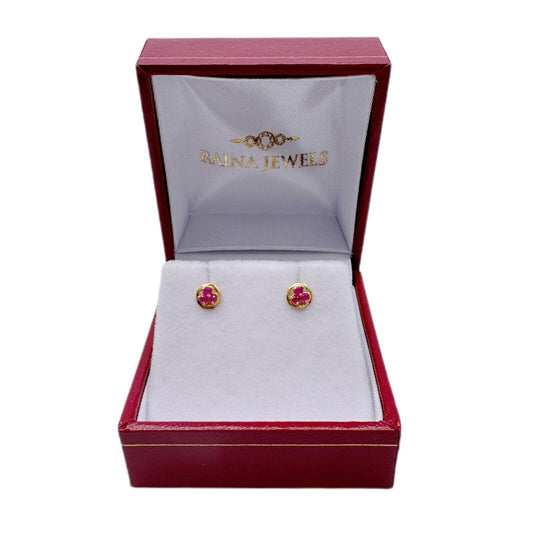 22ct Yellow Gold Three Stone Natural Ruby Tiny Stud Earrings