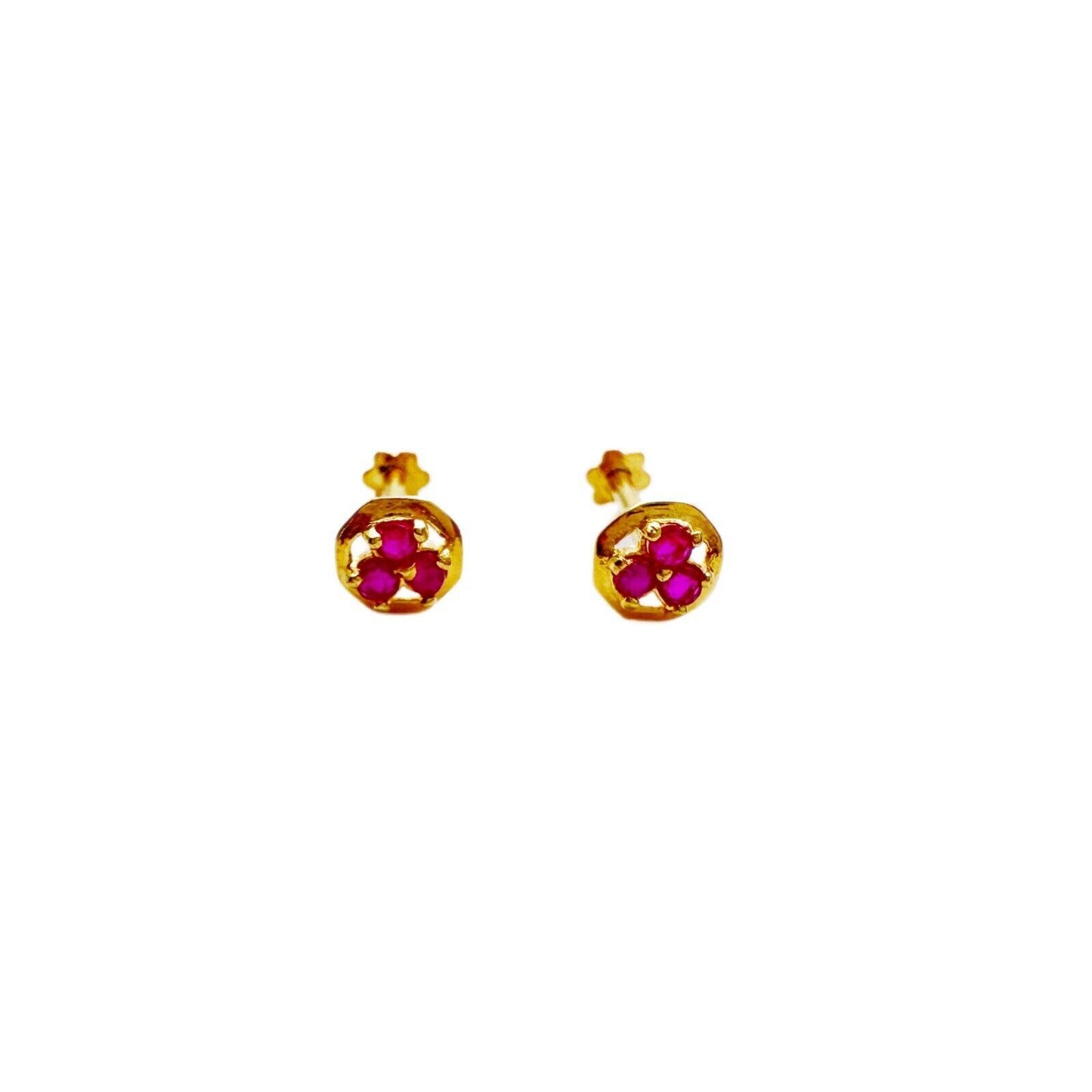 22ct Yellow Gold Three Stone Natural Ruby Tiny Stud Earrings