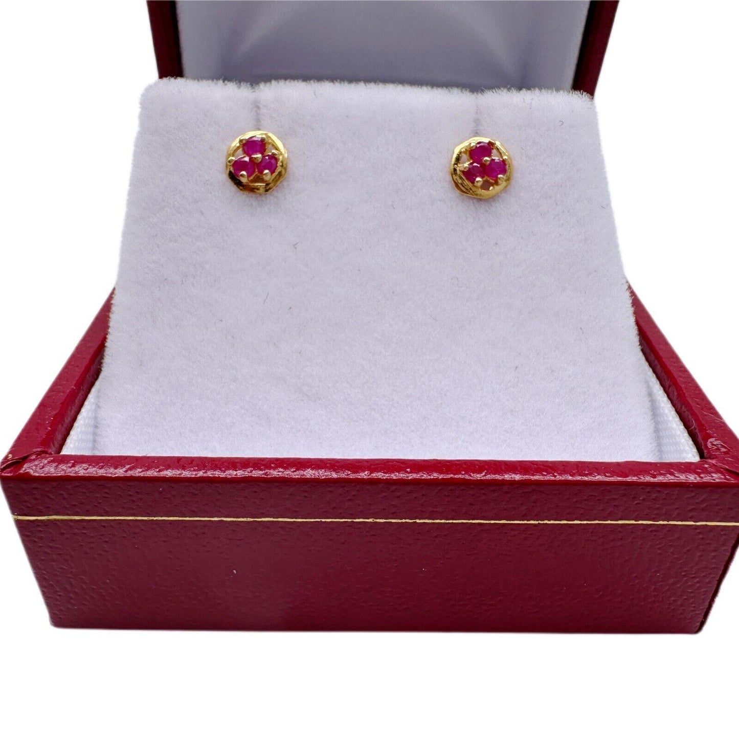 22ct Yellow Gold Three Stone Natural Ruby Tiny Stud Earrings