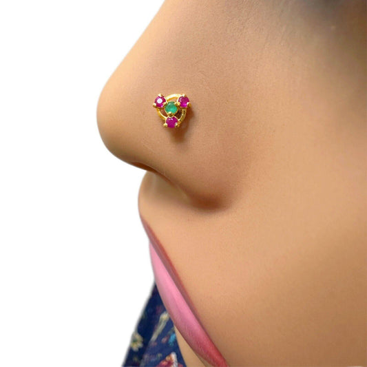 22ct Yellow Gold 3 Stone Ruby Nose Stud/Nose Pin/Nose Piercings 5mm Raina Jewels