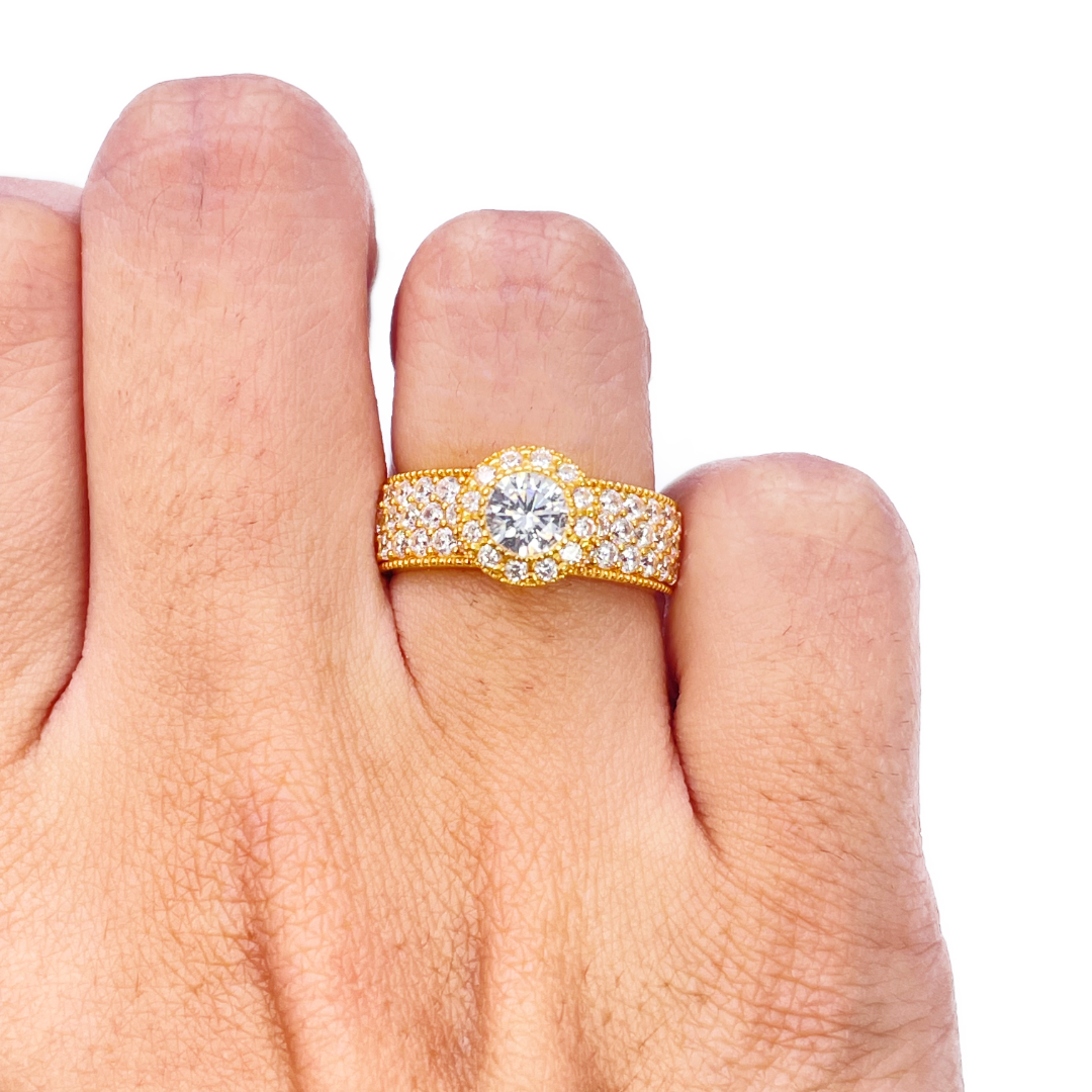 22ct Gold Halo Ring Cubic Zirconia Three Row Pave Set Ring 8.5mm Width  Diamond Bracelets