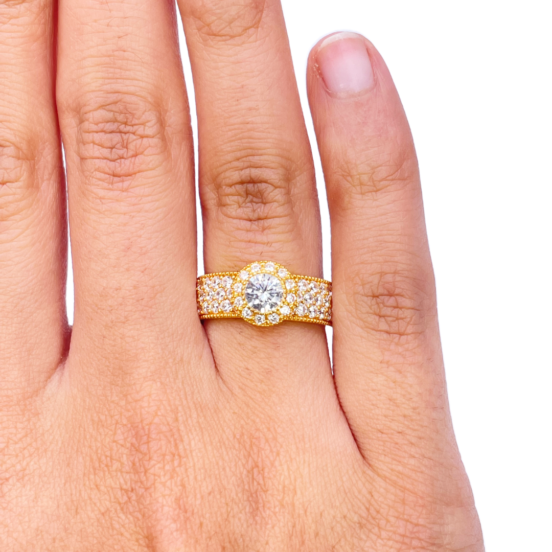 22ct Gold Halo Ring Cubic Zirconia Three Row Pave Set Ring 8.5mm Width 