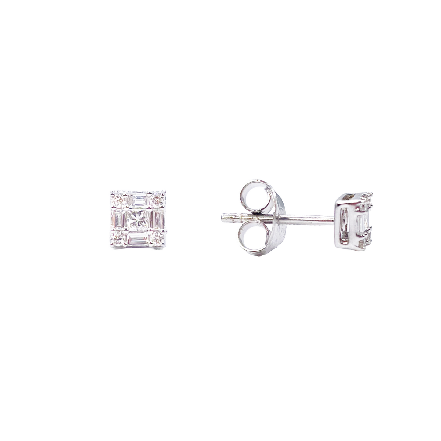 14ct White Gold Round & Baguette & Square Shaped Diamond Studs Earrings 0.20ct 