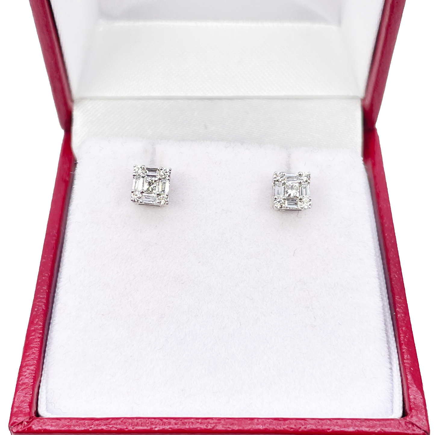 14ct White Gold Round & Baguette & Square Shaped Diamond Studs Earrings 0.20ct 