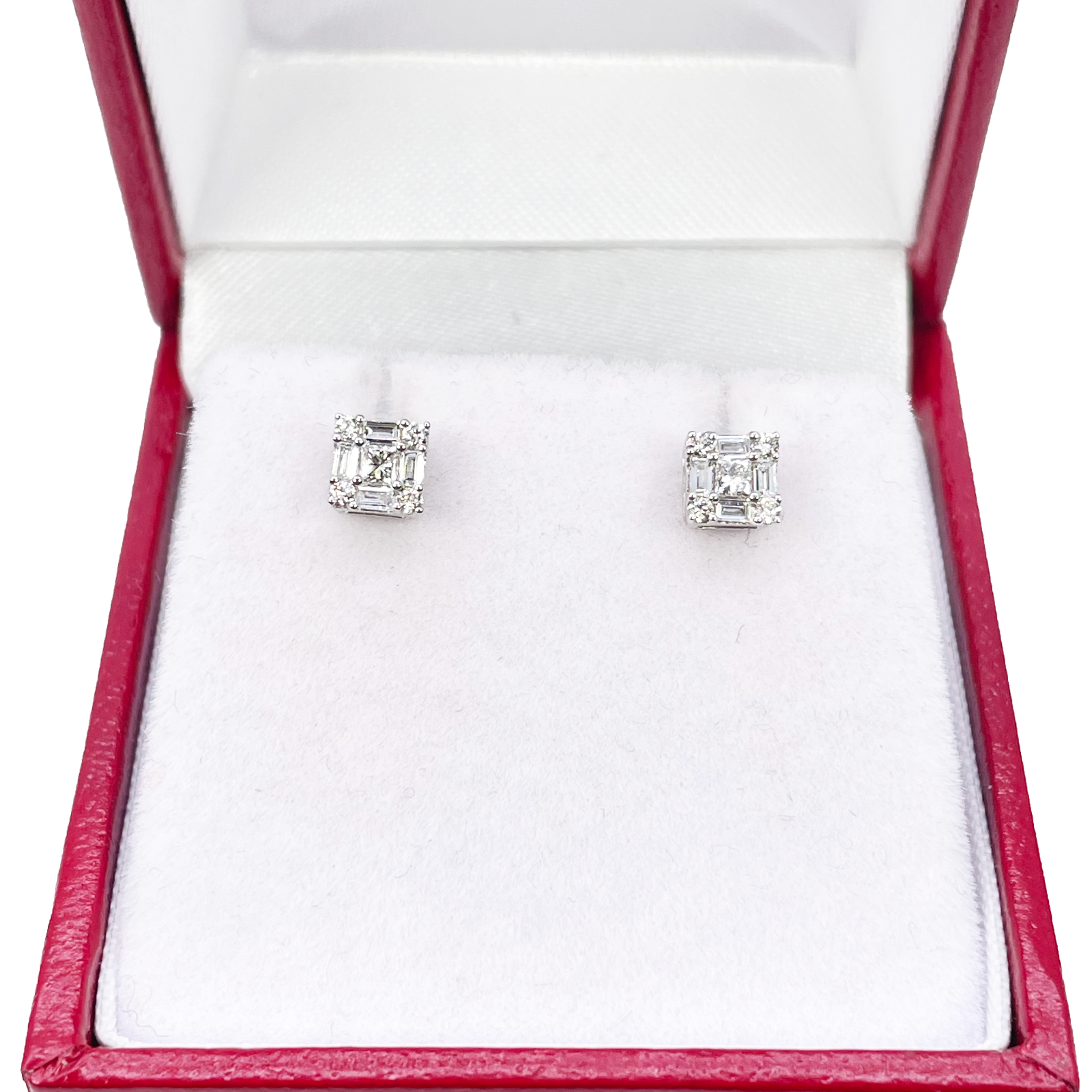 14ct White Gold Round & Baguette & Square Shaped Diamond Studs Earrings 0.20ct 