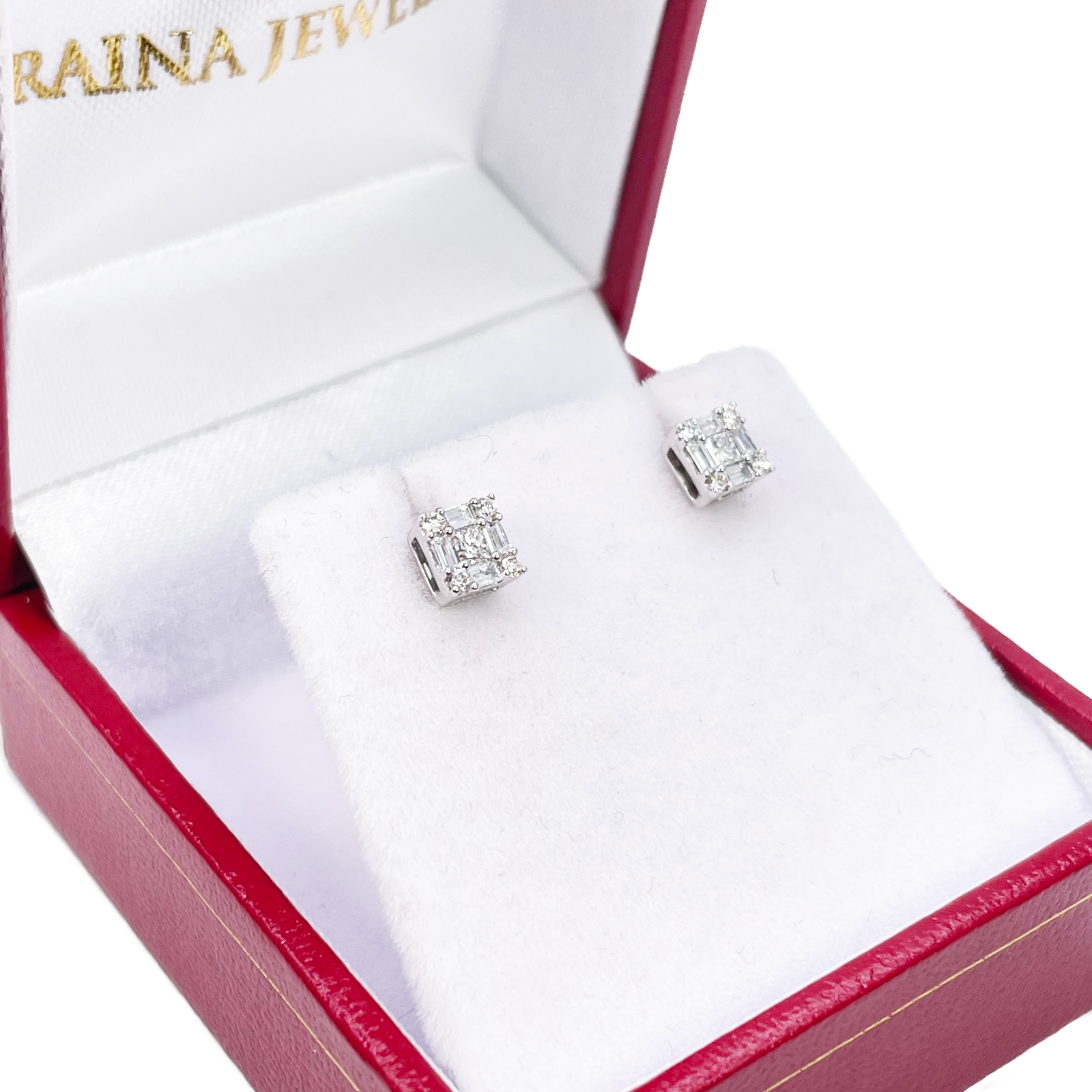 14ct White Gold Round & Baguette & Square Shaped Diamond Studs Earrings 0.20ct 
