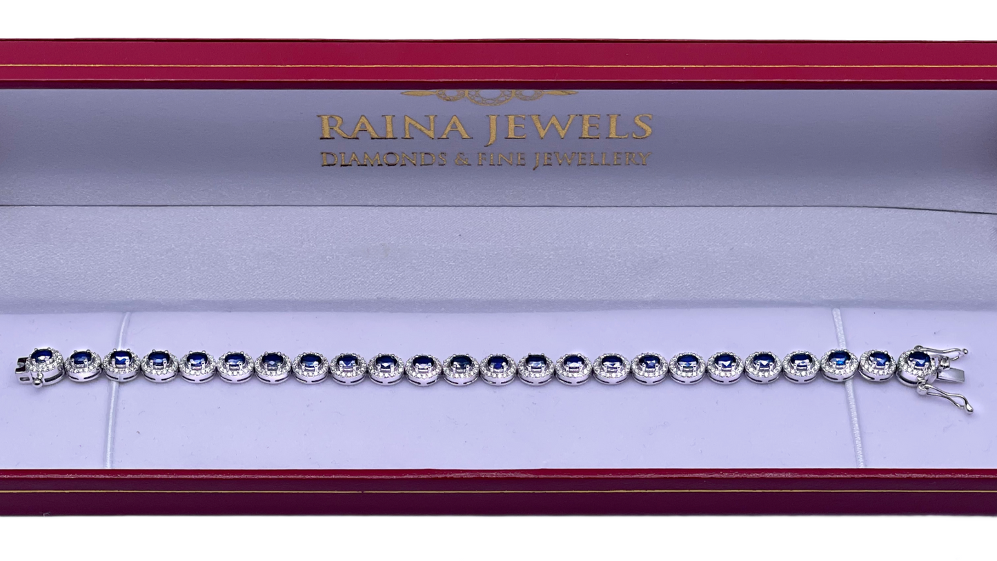 14ct White Gold Diamond & Blue Sapphire Cluster Tennis Bracelet 6.41ct 7'' inch