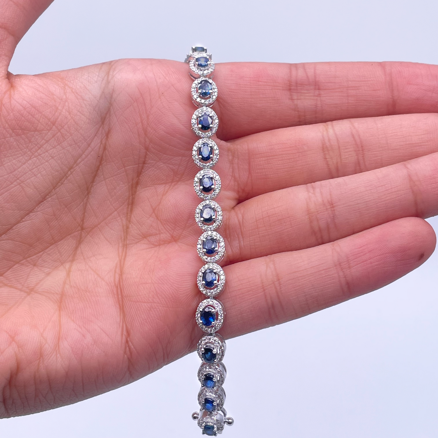 14ct White Gold Diamond & Blue Sapphire Cluster Tennis Bracelet 6.41ct 7'' inch