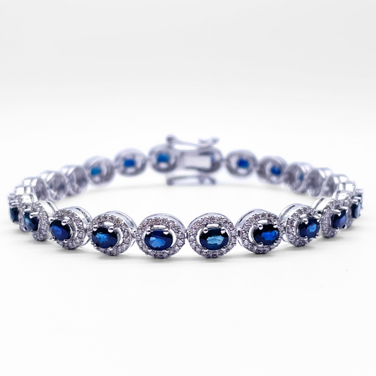 14ct White Gold Diamond & Blue Sapphire Cluster Tennis Bracelet 6.41ct 7'' inch