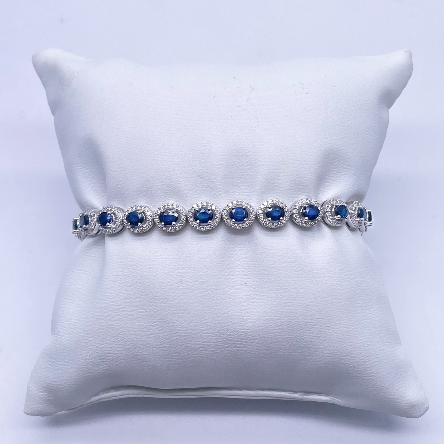 14ct White Gold Diamond & Blue Sapphire Cluster Tennis Bracelet 6.41ct 7'' inch