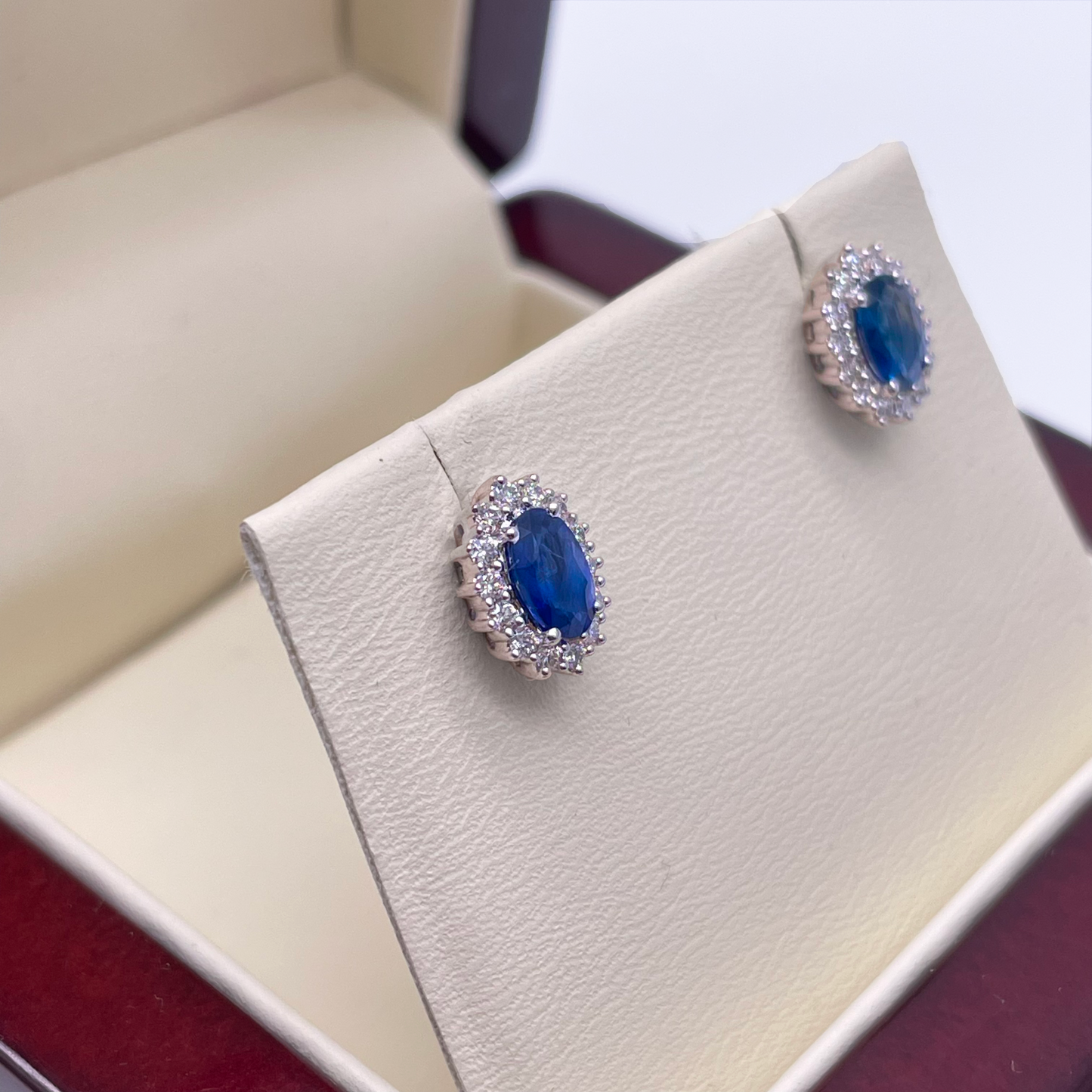 18ct White Gold Natural Blue Sapphire & Diamond Oval Cluster Earrings 1.30ct 