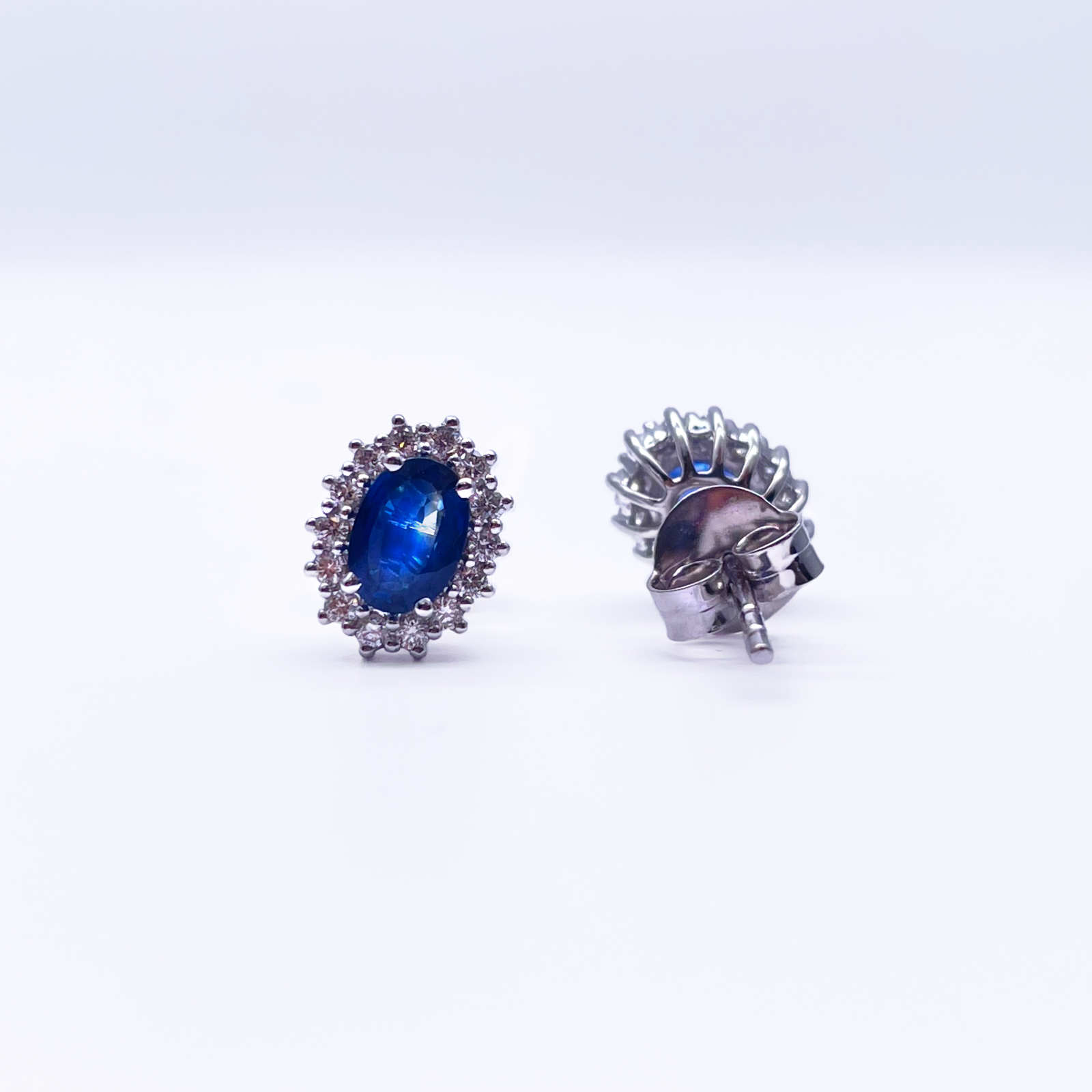 18ct White Gold Natural Blue Sapphire & Diamond Oval Cluster Earrings 1.30ct 