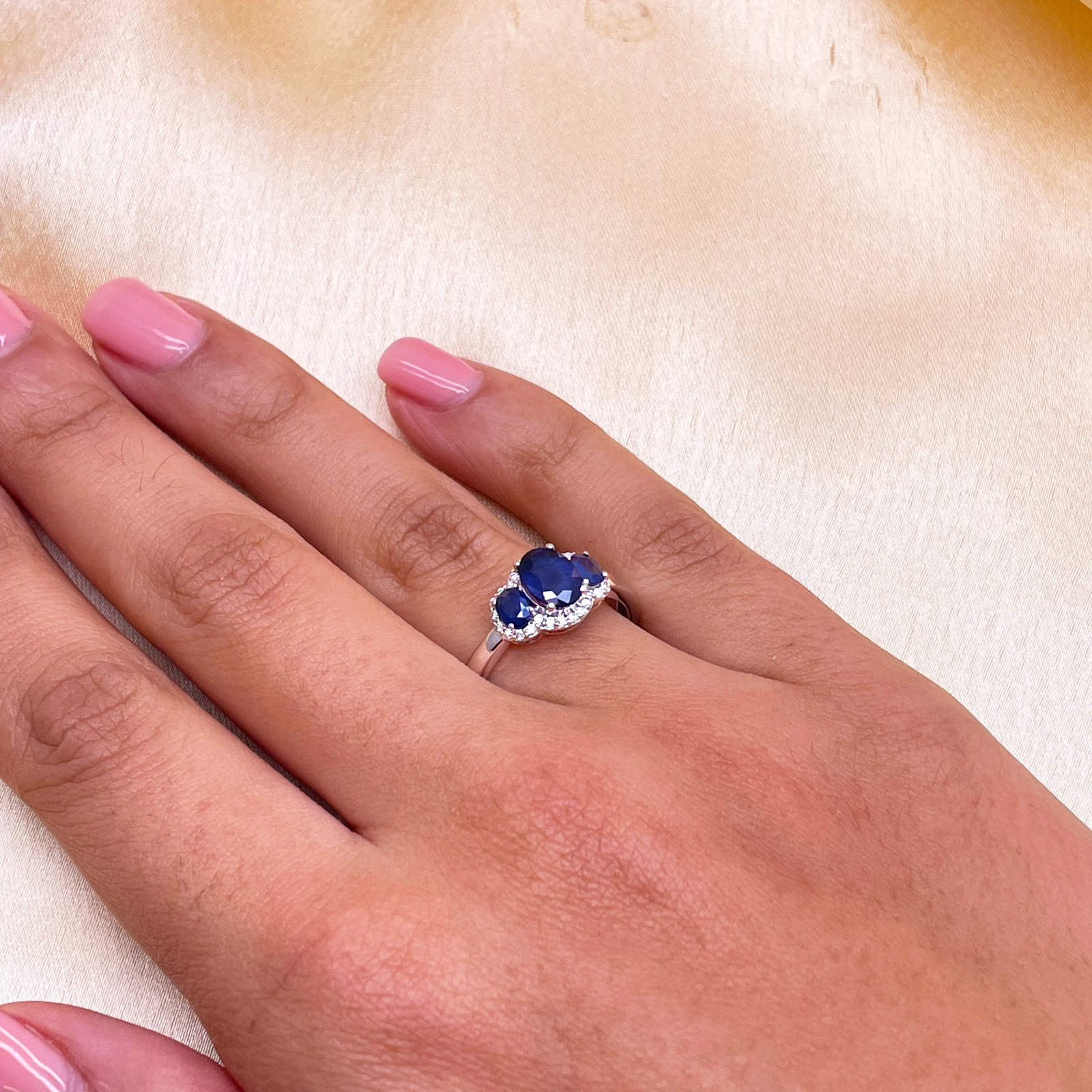 18ct White Gold Three-Stone Blue Sapphire & Diamond Cluster Oval Ring 1.76ct  Diamond Ring