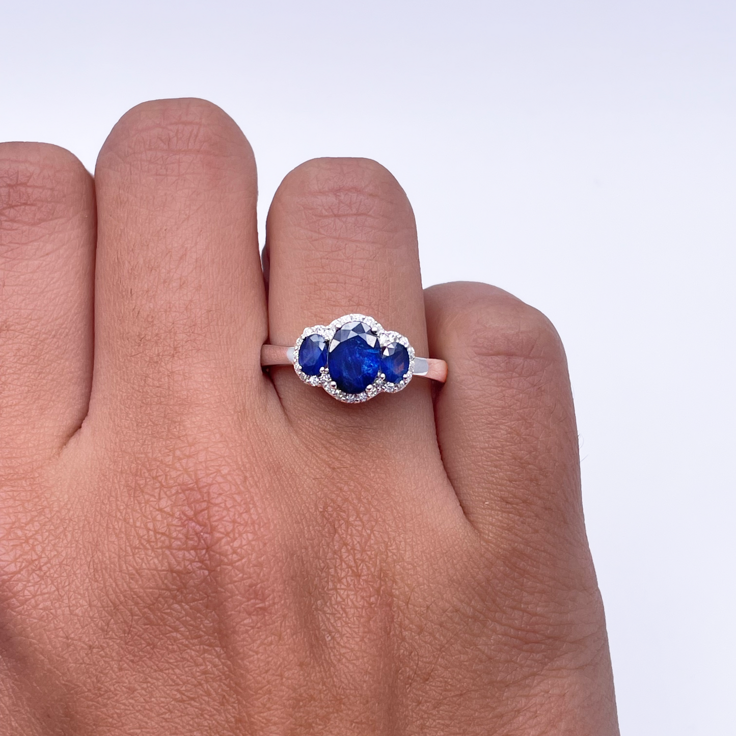 18ct White Gold Three-Stone Blue Sapphire & Diamond Cluster Oval Ring 1.76ct  Diamond Ring