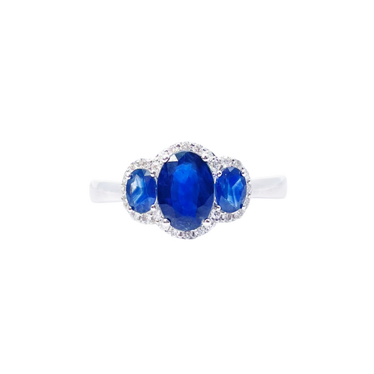 18ct White Gold Three-Stone Blue Sapphire & Diamond Cluster Oval Ring 1.76ct  Diamond Ring