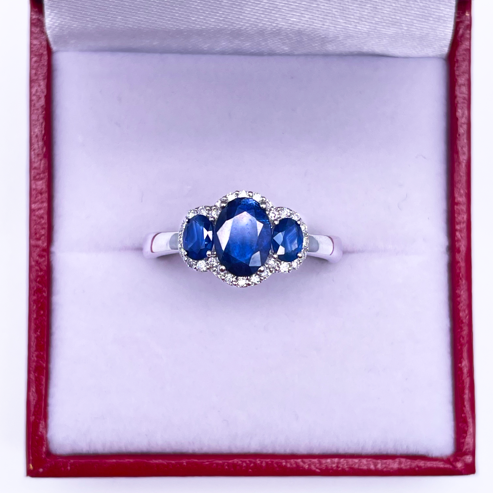 18ct White Gold Three-Stone Blue Sapphire & Diamond Cluster Oval Ring 1.76ct  Diamond Ring