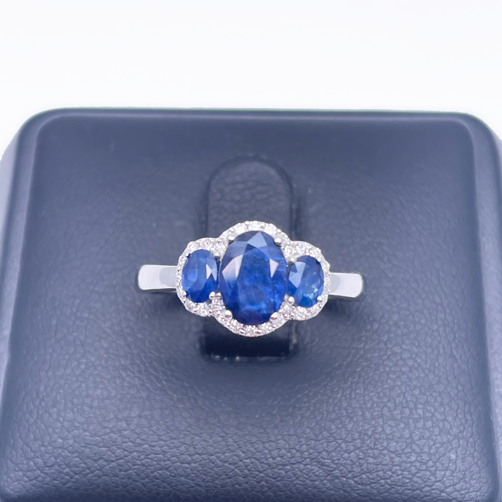 18ct White Gold Three-Stone Blue Sapphire & Diamond Cluster Oval Ring 1.76ct  Diamond Ring