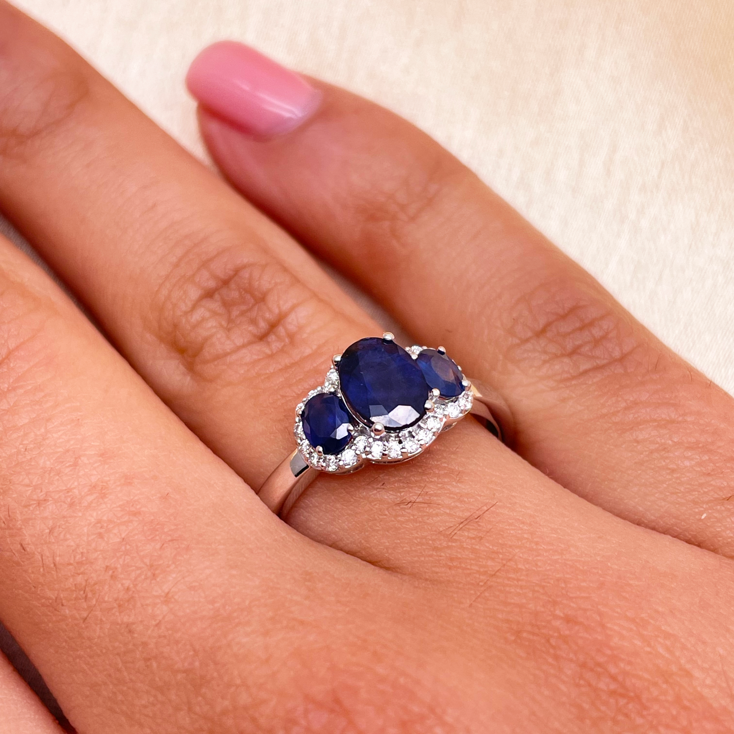 18ct White Gold Three-Stone Blue Sapphire & Diamond Cluster Oval Ring 1.76ct  Diamond Ring