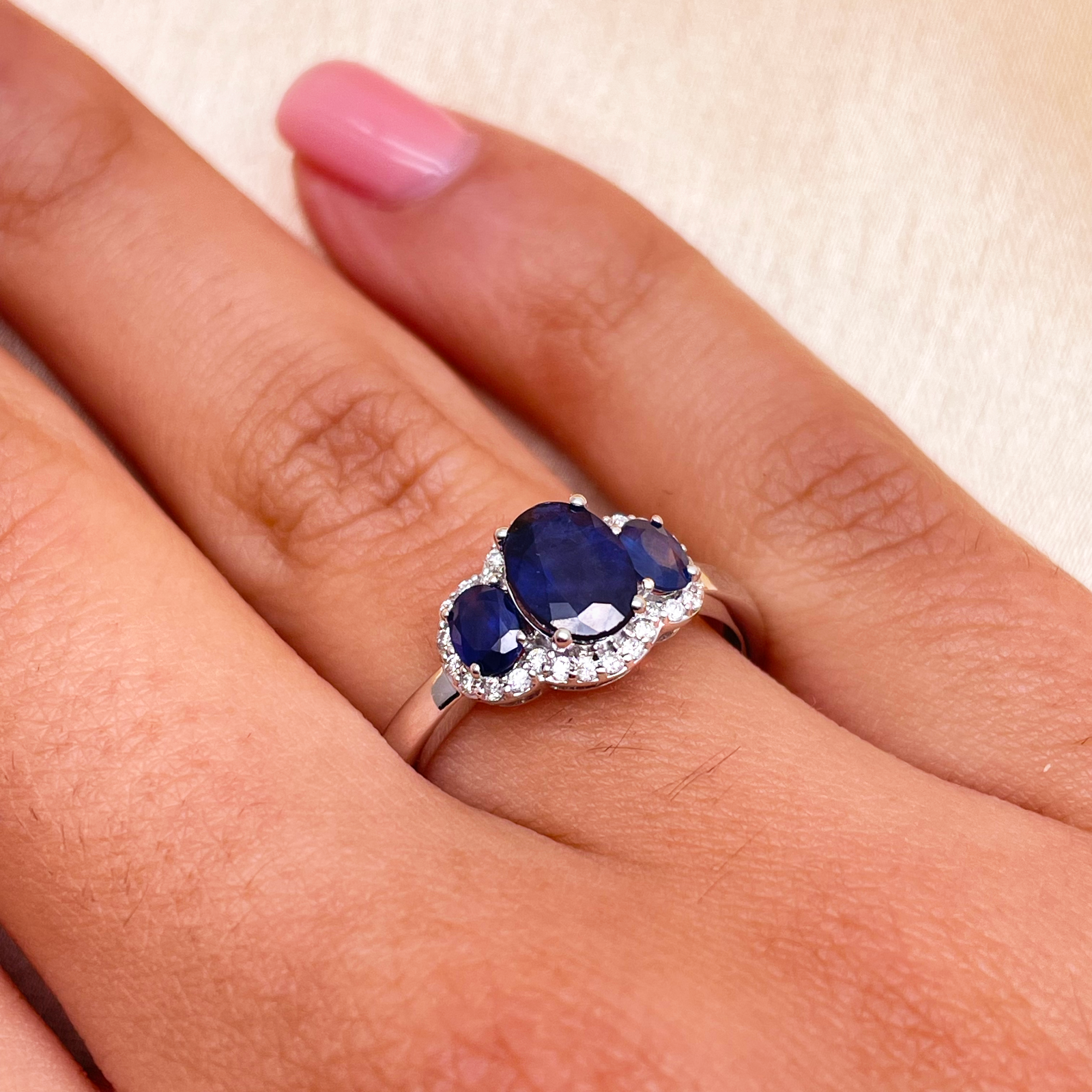 18ct White Gold Three-Stone Blue Sapphire & Diamond Cluster Oval Ring 1.76ct  Diamond Ring
