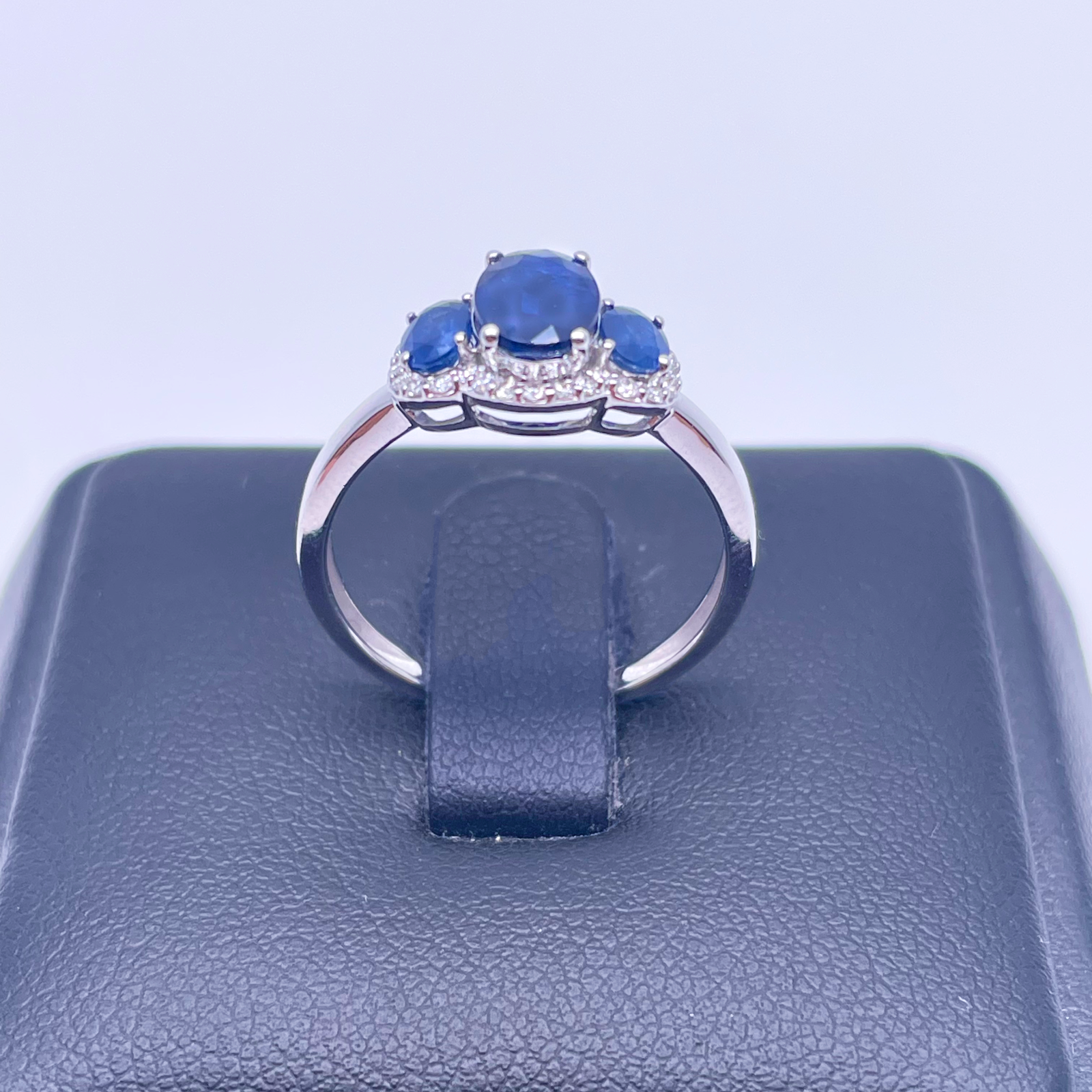 18ct White Gold Three-Stone Blue Sapphire & Diamond Cluster Oval Ring 1.76ct  Diamond Ring