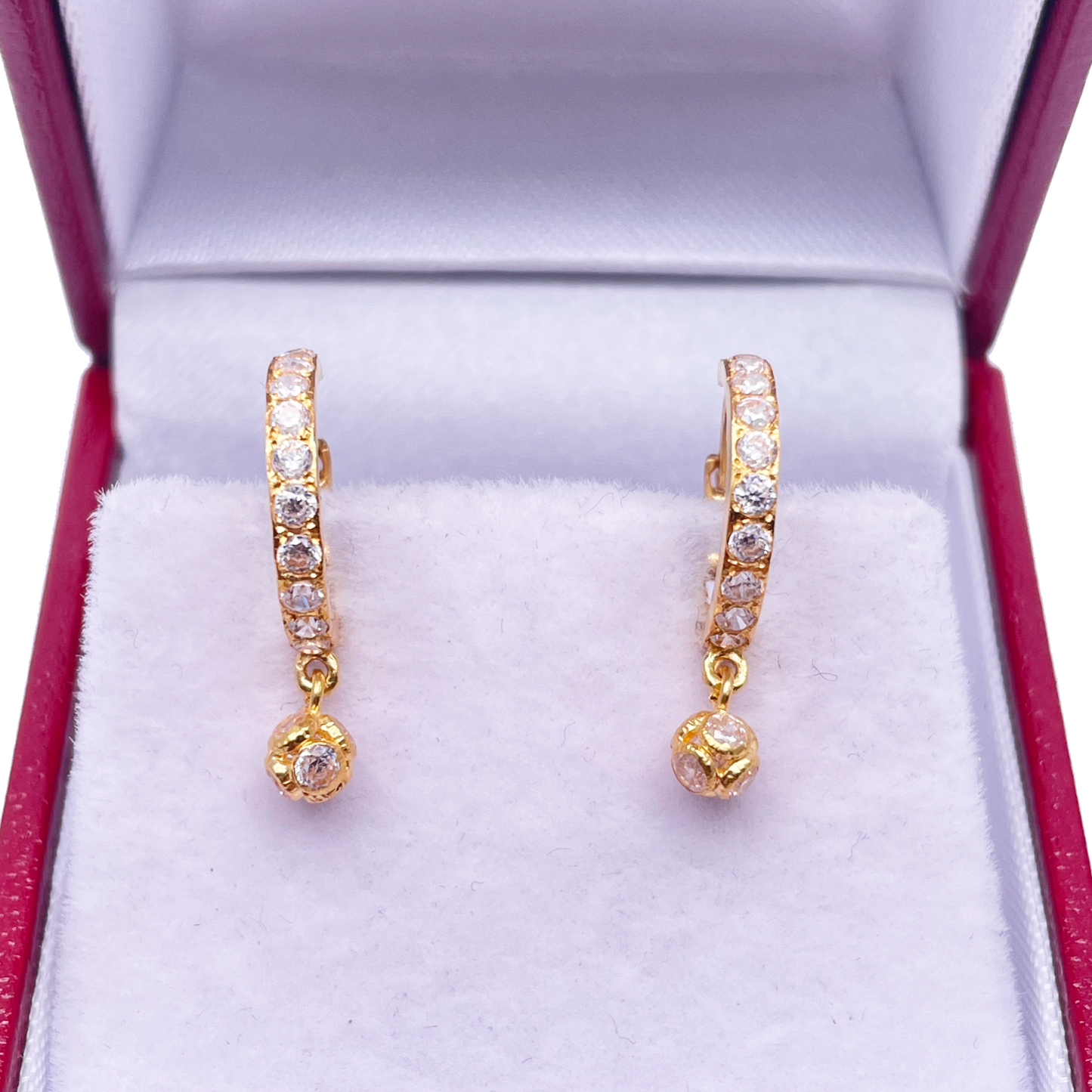 22ct Yellow Gold Cubic Zirconia Drop Ball Hoop Huggies Earrings