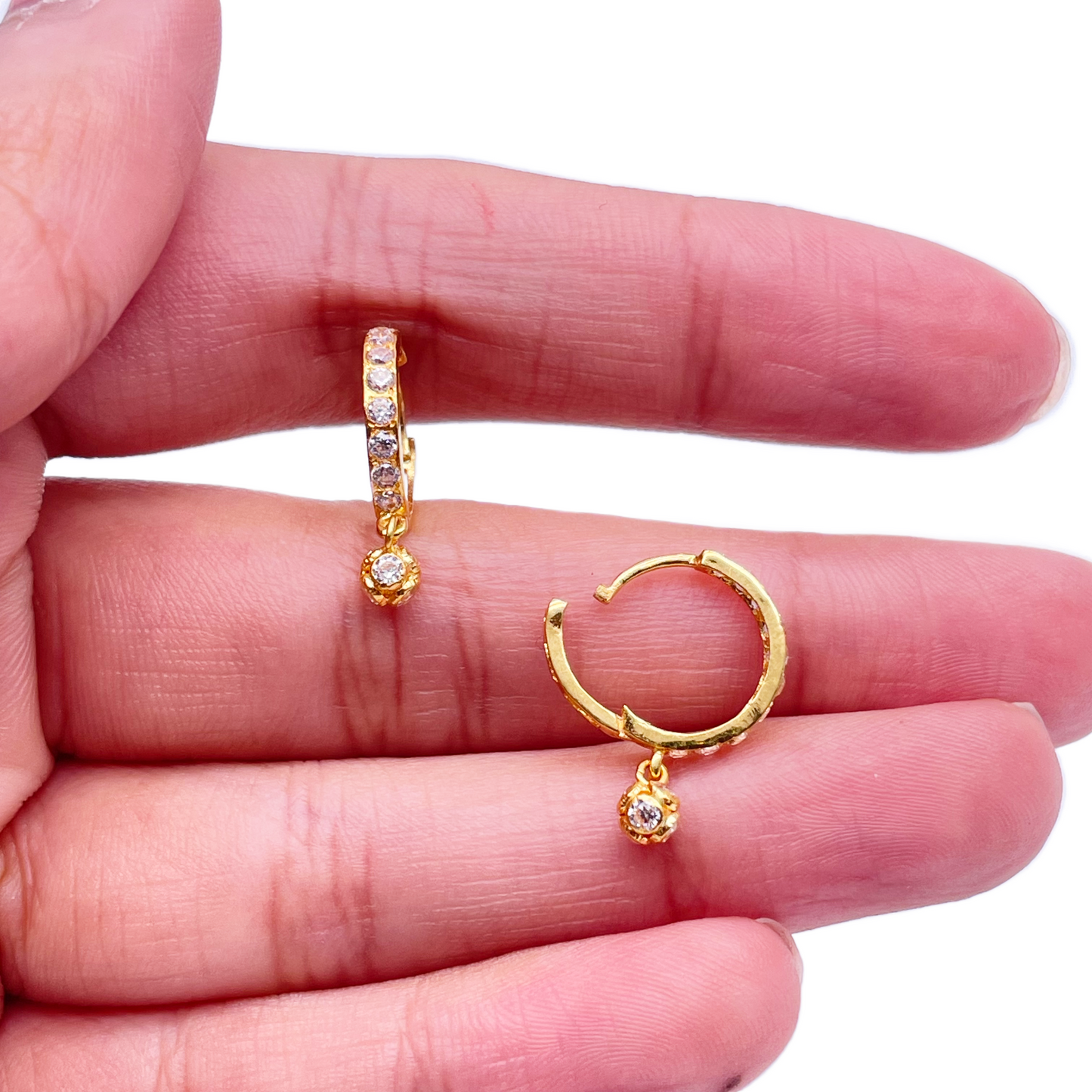 22ct Yellow Gold Cubic Zirconia Drop Ball Hoop Huggies Earrings