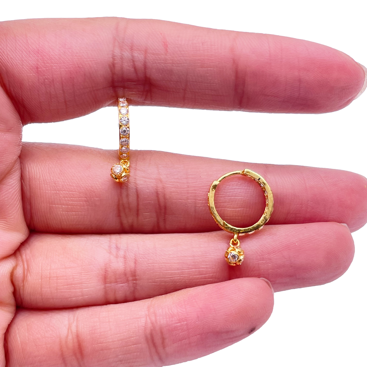 22ct Yellow Gold Cubic Zirconia Drop Ball Hoop Huggies Earrings