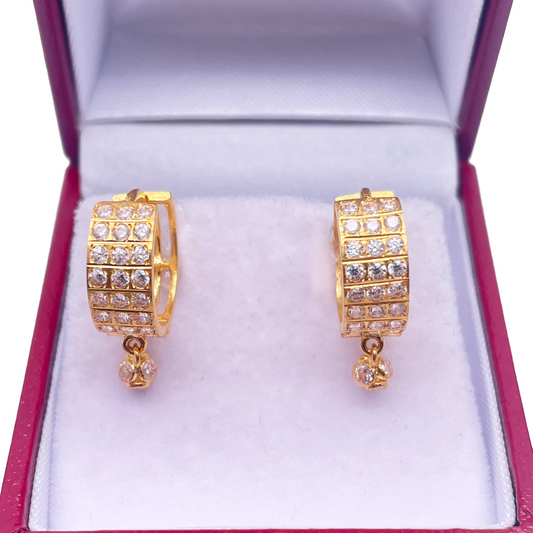 22ct Yellow Gold Triple Row Cubic Zirconia Drop Ball Hoop Huggies Earrings