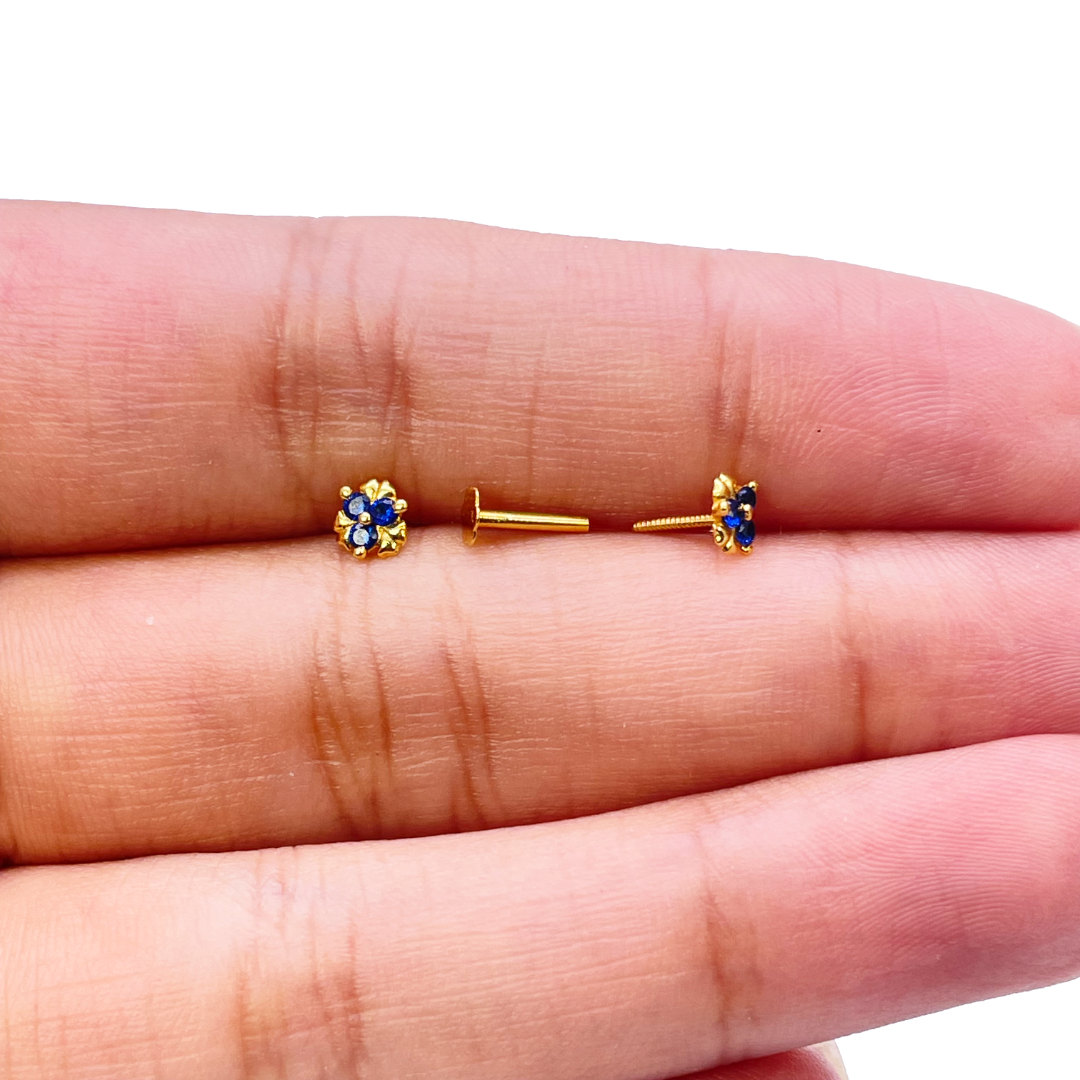 22ct Yellow Gold Blue Cubic Zircon Children's earrings claw set