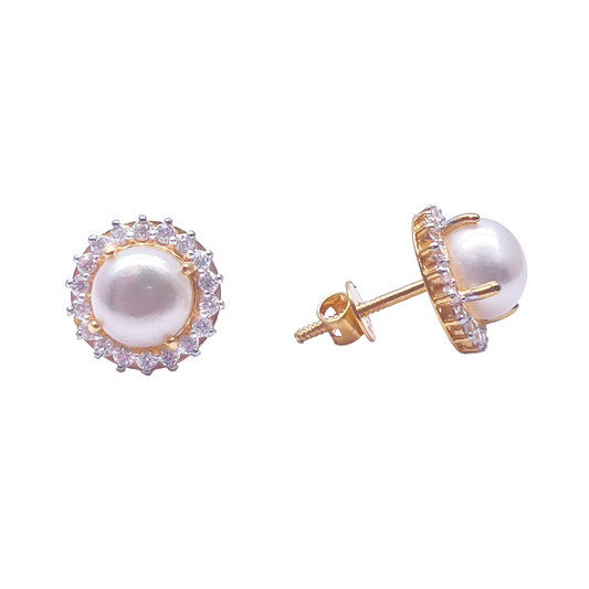 22ct Yellow Gold Claw Set Freshwater Pearl & Cubic Zirconia Pair Stud Earrings