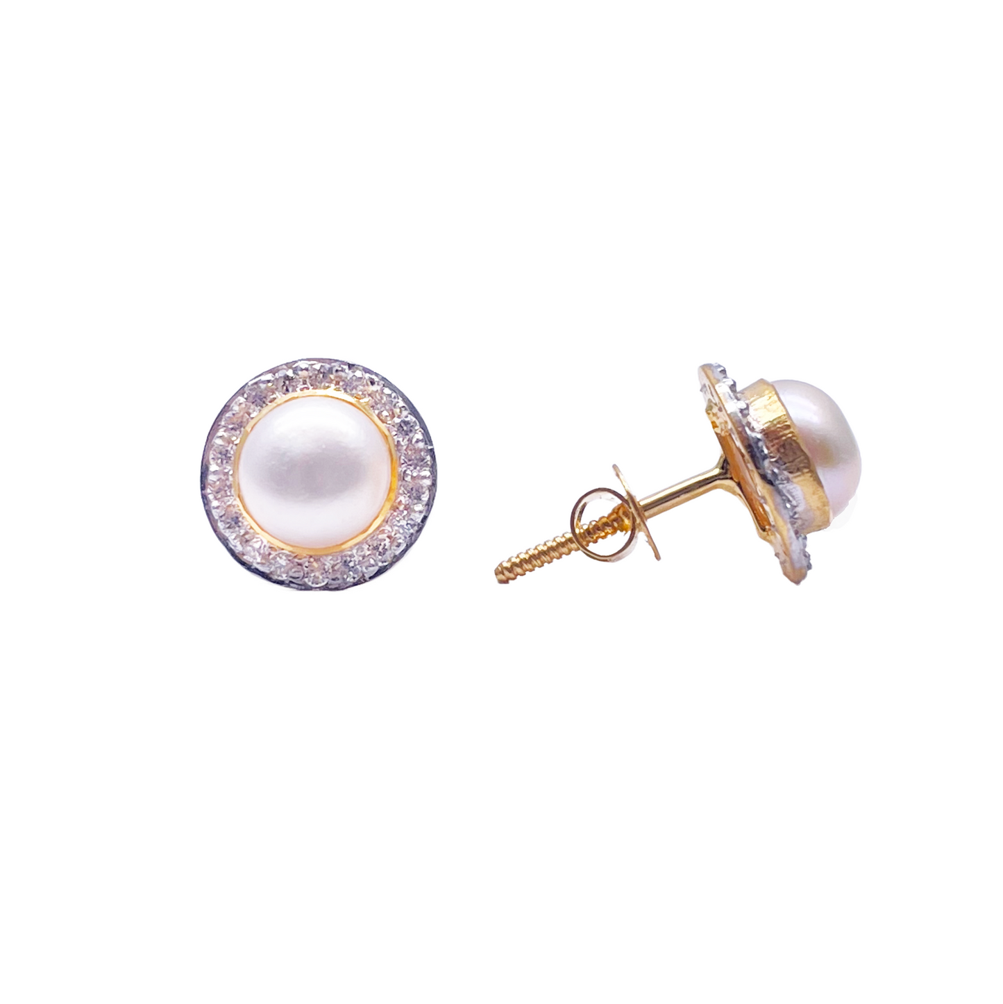 22ct Yellow Gold Elegant Freshwater Pearl & Cubic Zirconia Pair of Stud Earrings