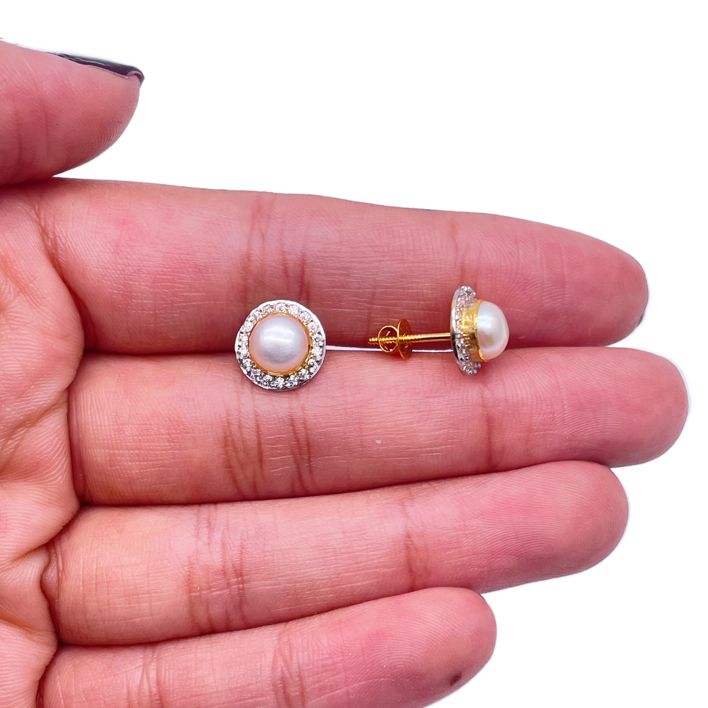 22ct Yellow Gold Elegant Freshwater Pearl & Cubic Zirconia Pair of Stud Earrings